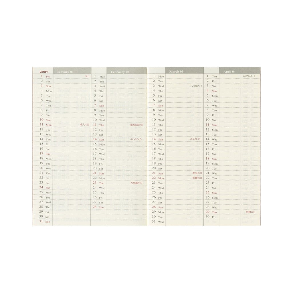 An open planner with columns for January through April of 2027.