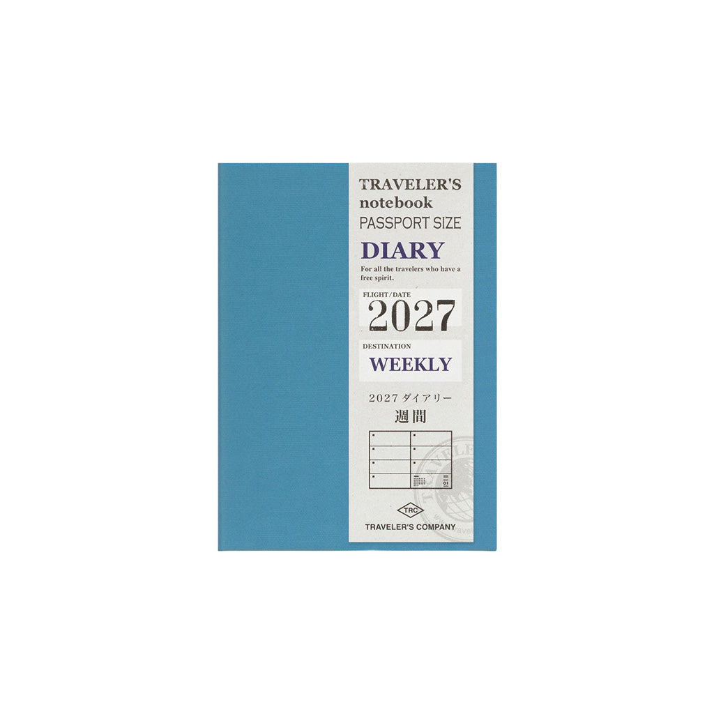 A blue Traveler's Notebook passport size Diary 2027 Weekly refill on white background