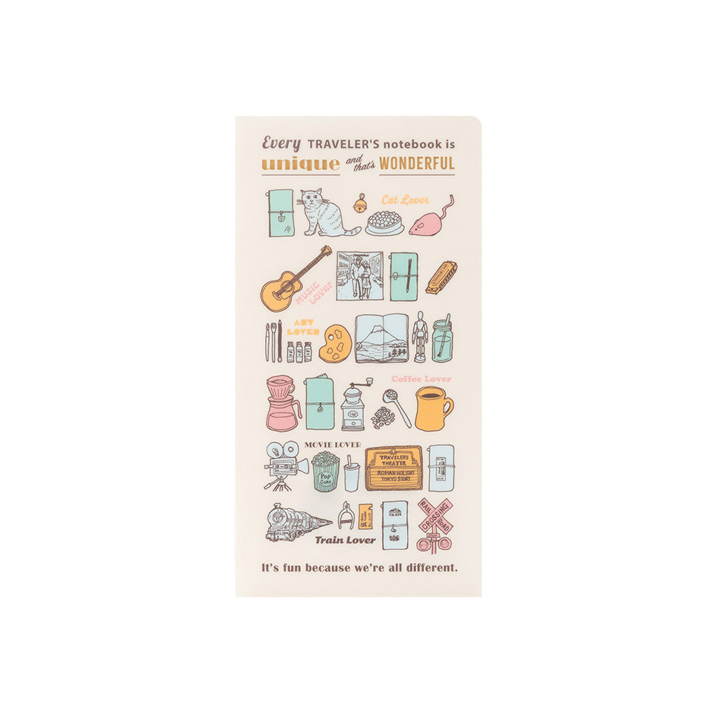 A cream-colored clear folder with colorful Traveler's Company illustrations on white background
