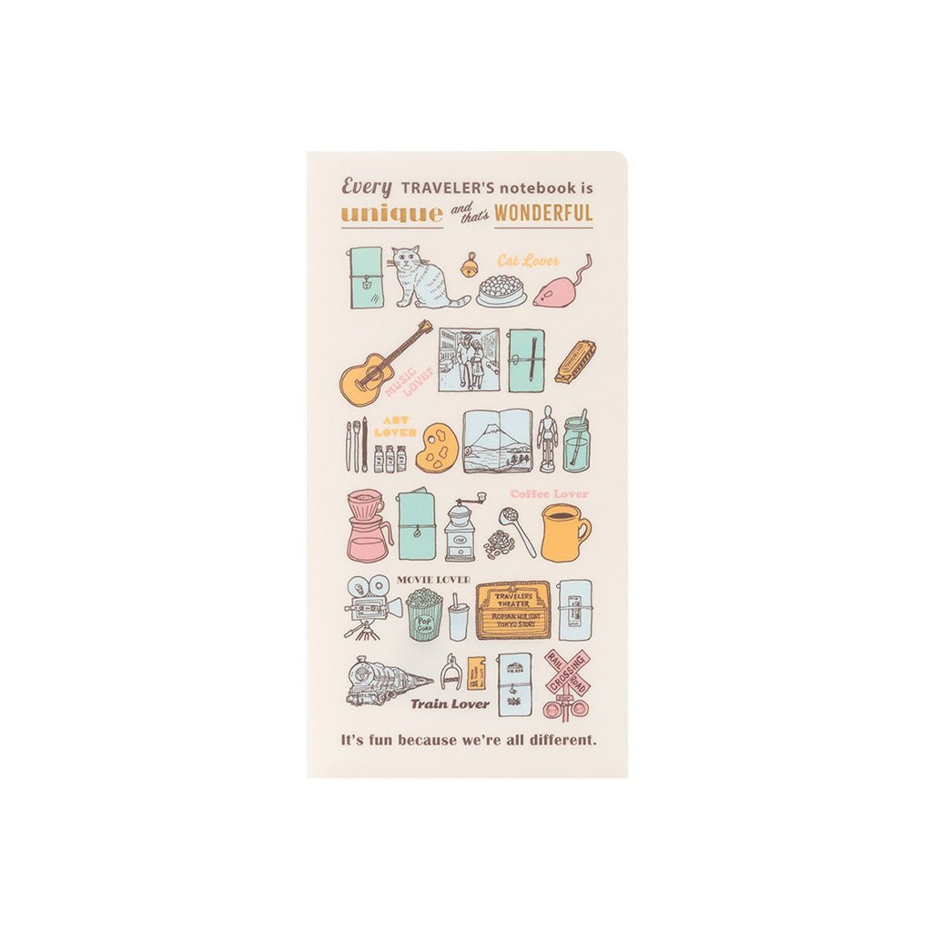 A cream-colored clear folder with colorful Traveler's Company illustrations on white background