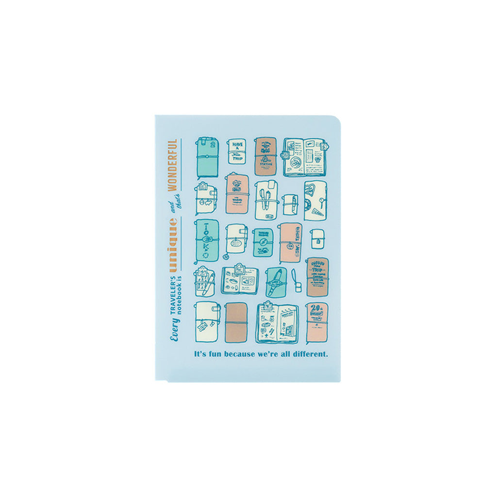 A blue clear folder for Passport size Traveler's Notebook with colorful Traveler's Company illustrations on white background