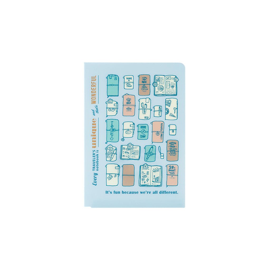 A blue clear folder for Passport size Traveler's Notebook with colorful Traveler's Company illustrations on white background