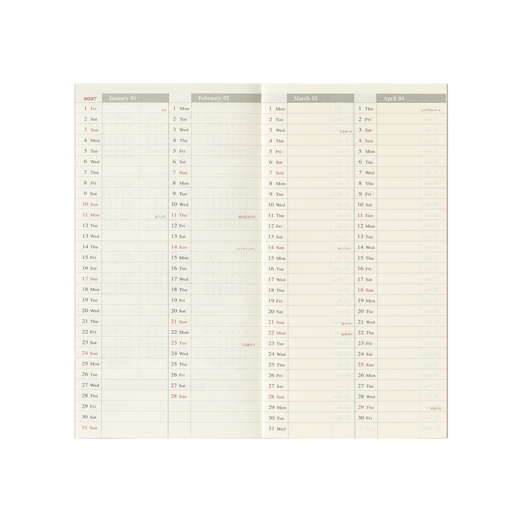 A two-page spread of a calendar planner showing grid layouts for January through April.