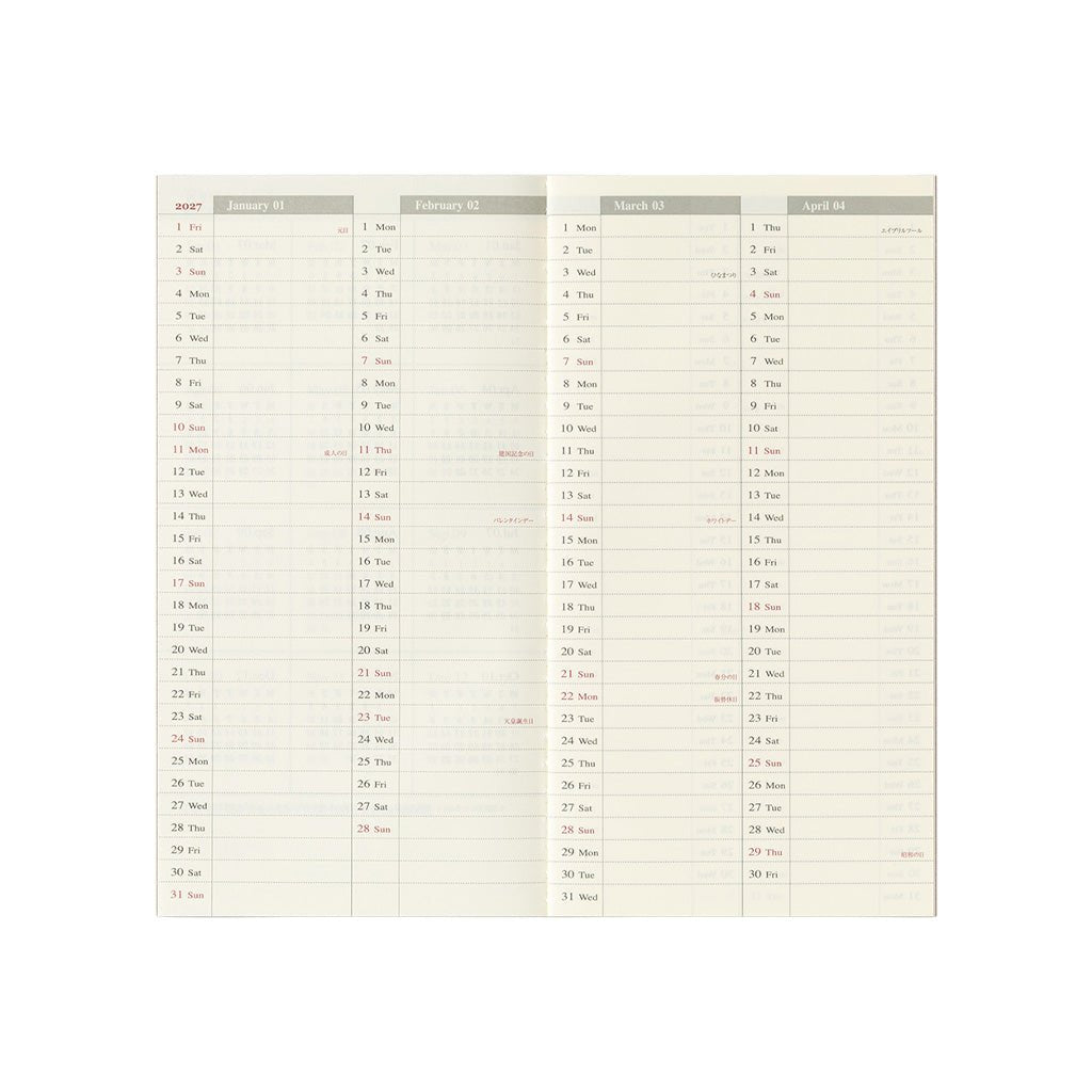 A two-page spread of a calendar planner showing grid layouts for January through April.