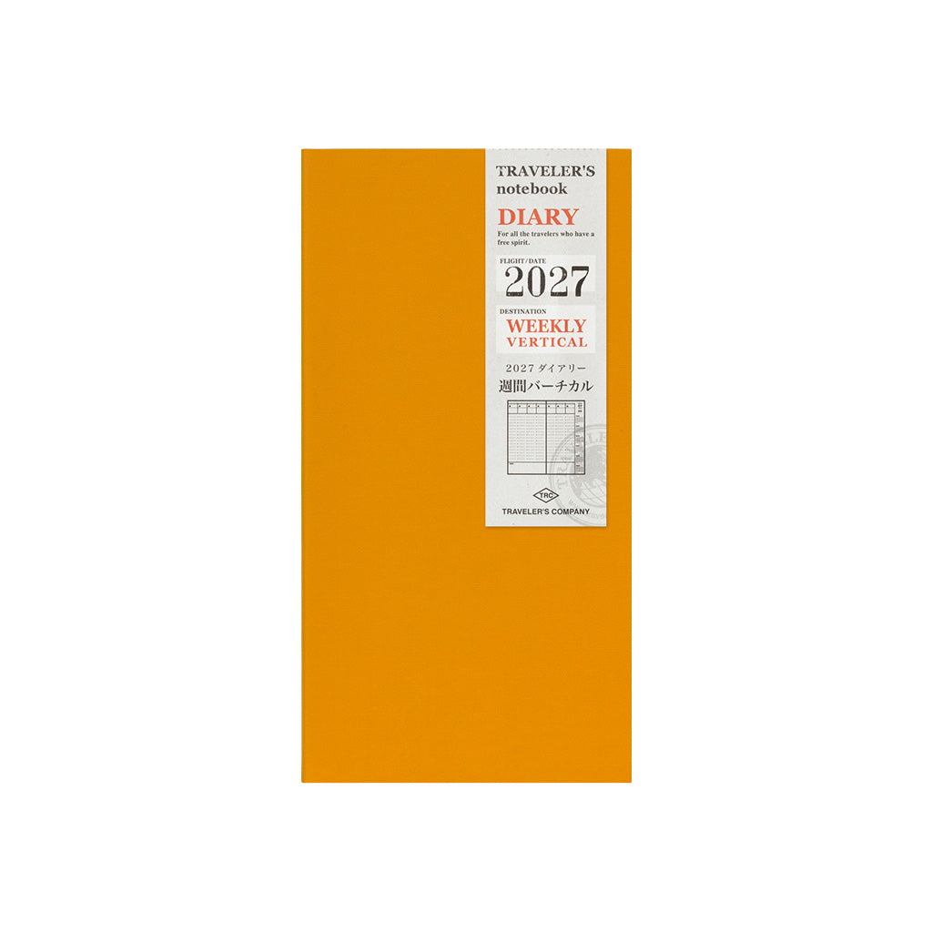 An orange Traveler's Notebook 2027 Diary Weekly Vertical refill on white background