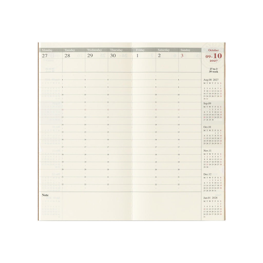 An open planner showing columns for days of the week, a date header, and a note section at the bottom on a white background.