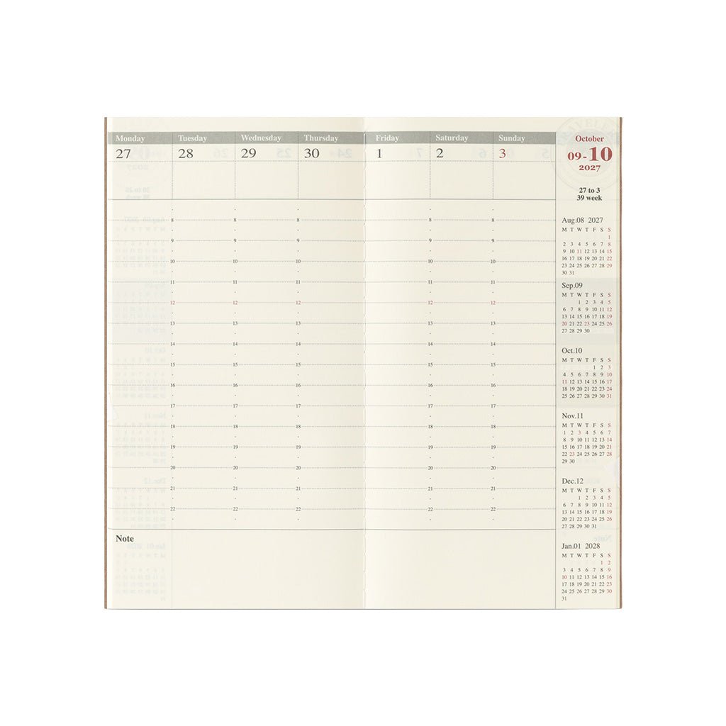 An open planner showing columns for days of the week, a date header, and a note section at the bottom on a white background.