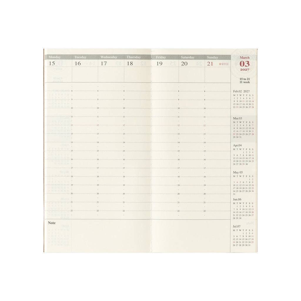 An open monthly calendar planner with columns for Monday through Sunday, a note section, and a right-side monthly calendar index on a white background.