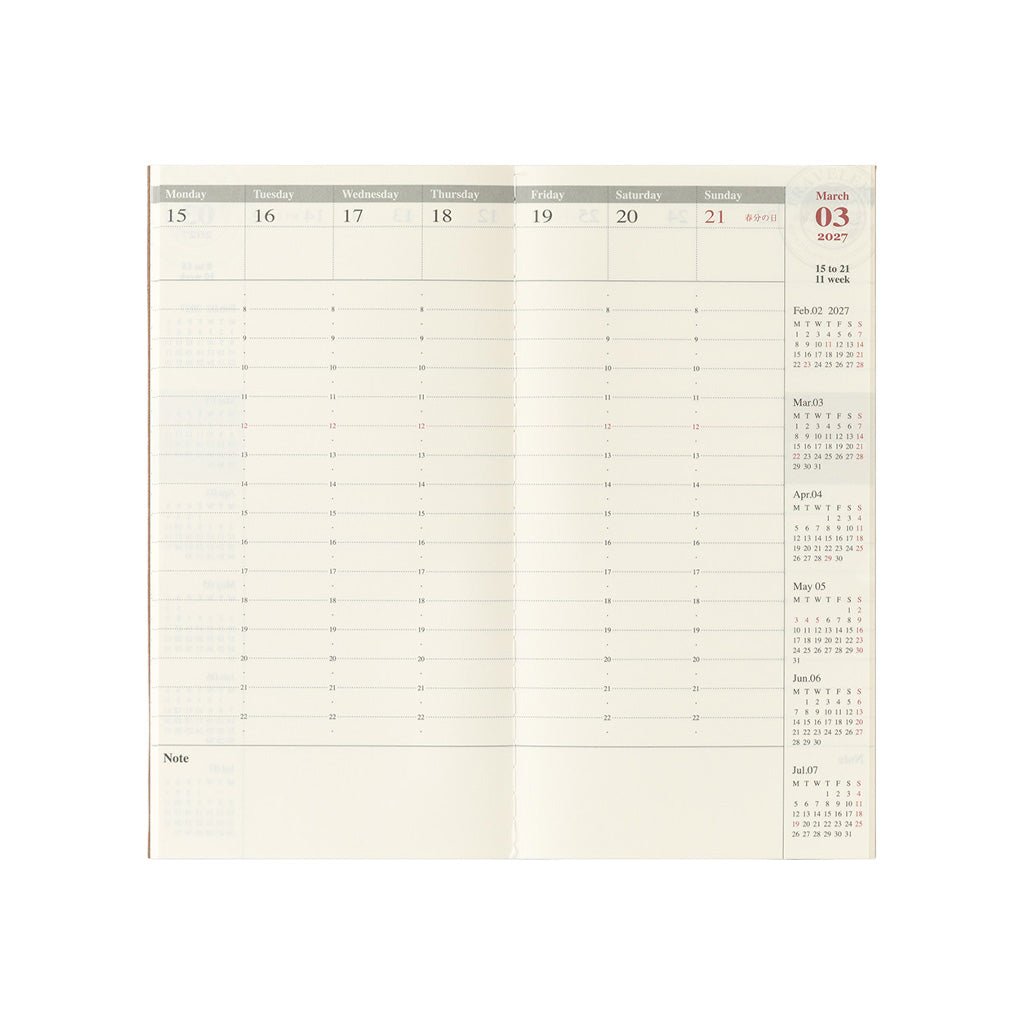 An open monthly calendar planner with columns for Monday through Sunday, a note section, and a right-side monthly calendar index on a white background.