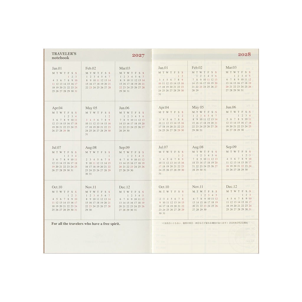 A two-page spread of a traveler's notebook refill showing the years 2027 and 2028 with monthly calendar grids.
