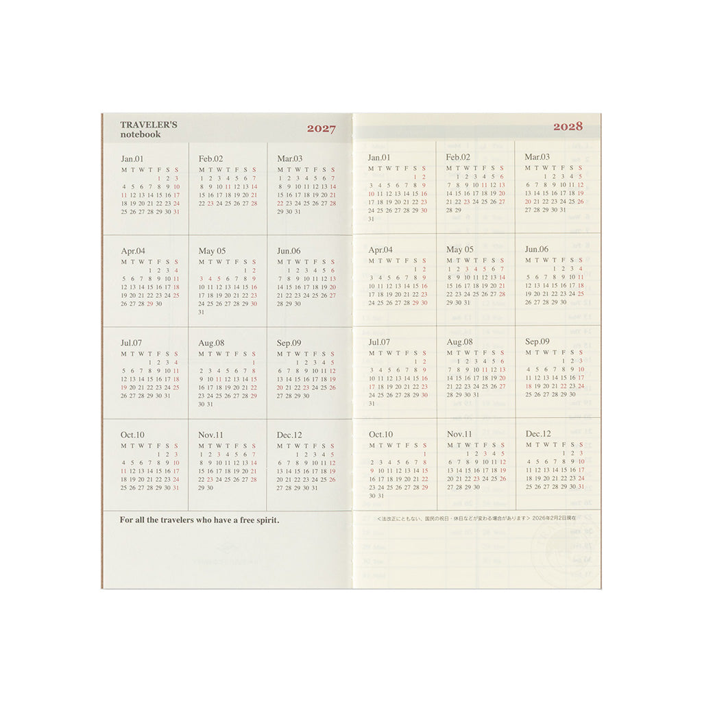 A two-page spread of a traveler's notebook refill showing the years 2027 and 2028 with monthly calendar grids.