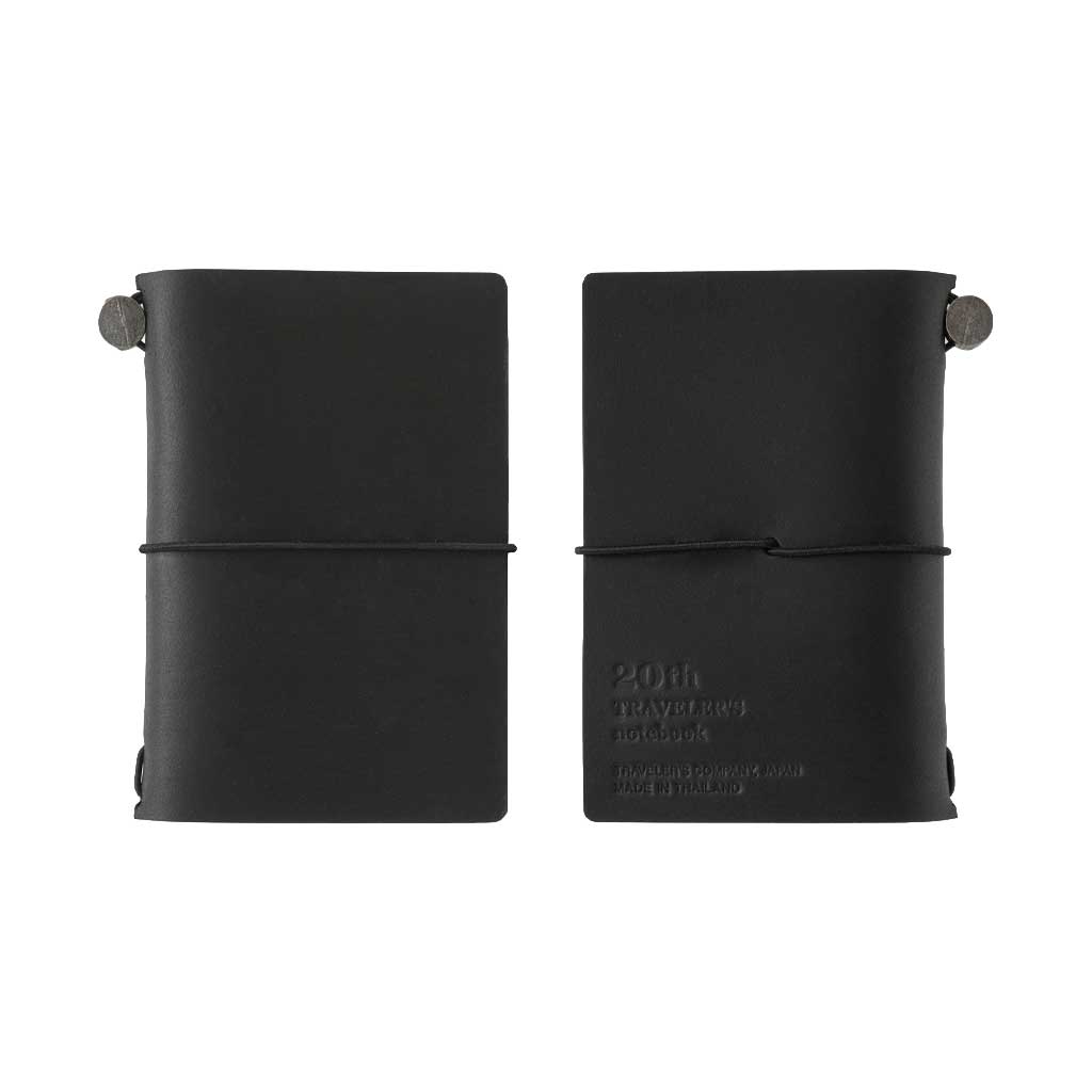 Front and back of black 20th anniversary card-size notebook on white background