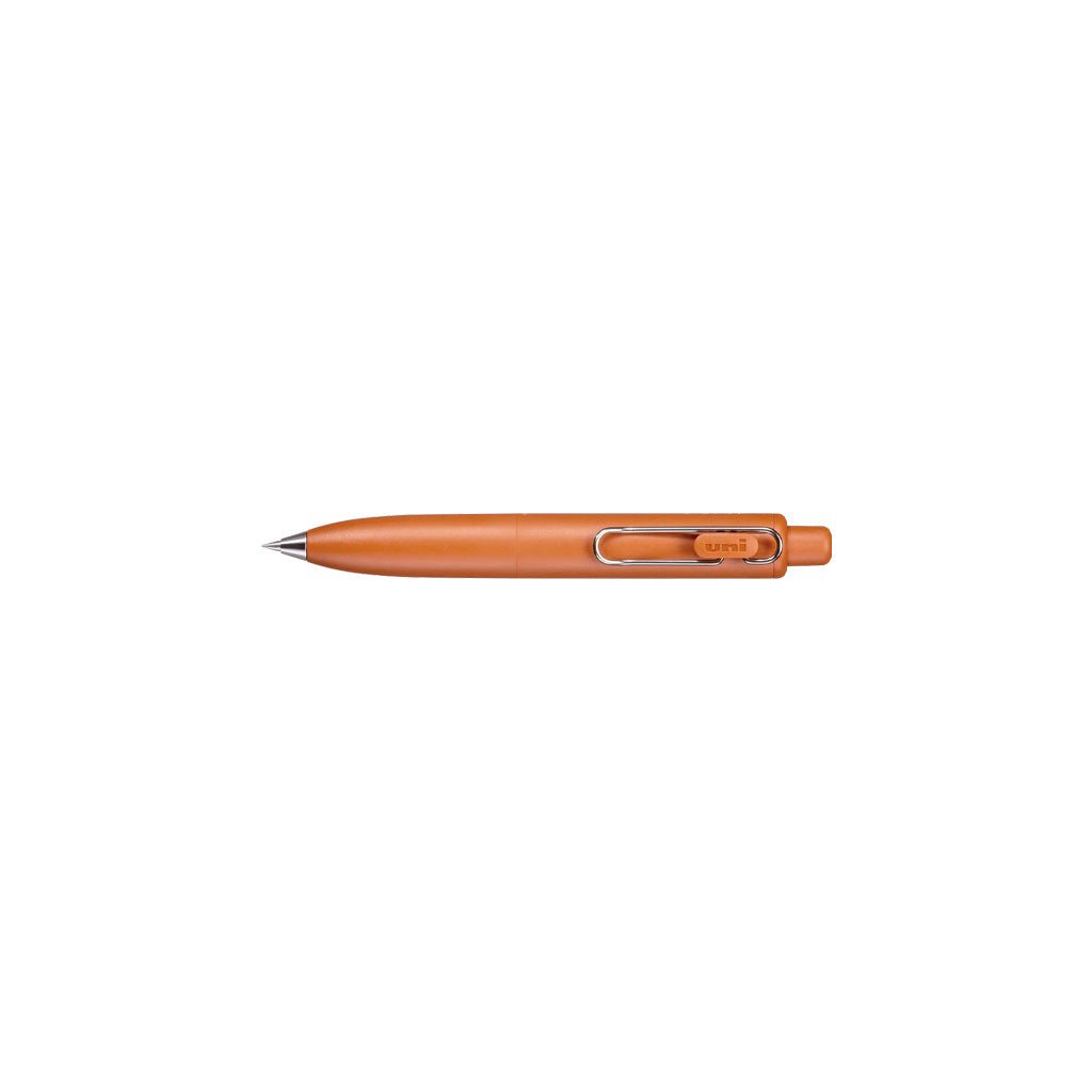 Orange uniball one p gel pen with wire pen clip on white background