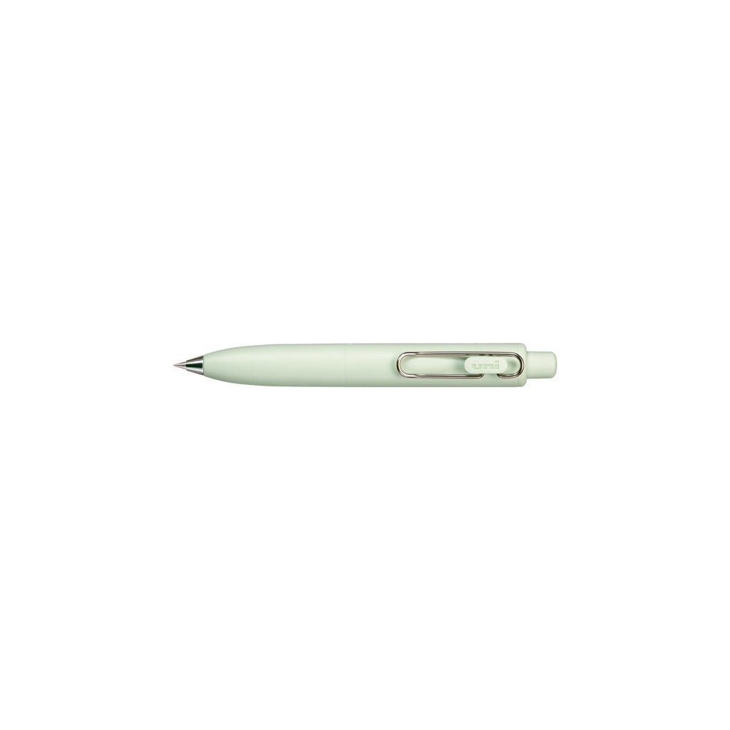 Mint green uniball one p gel pen with wire pen clip on white background