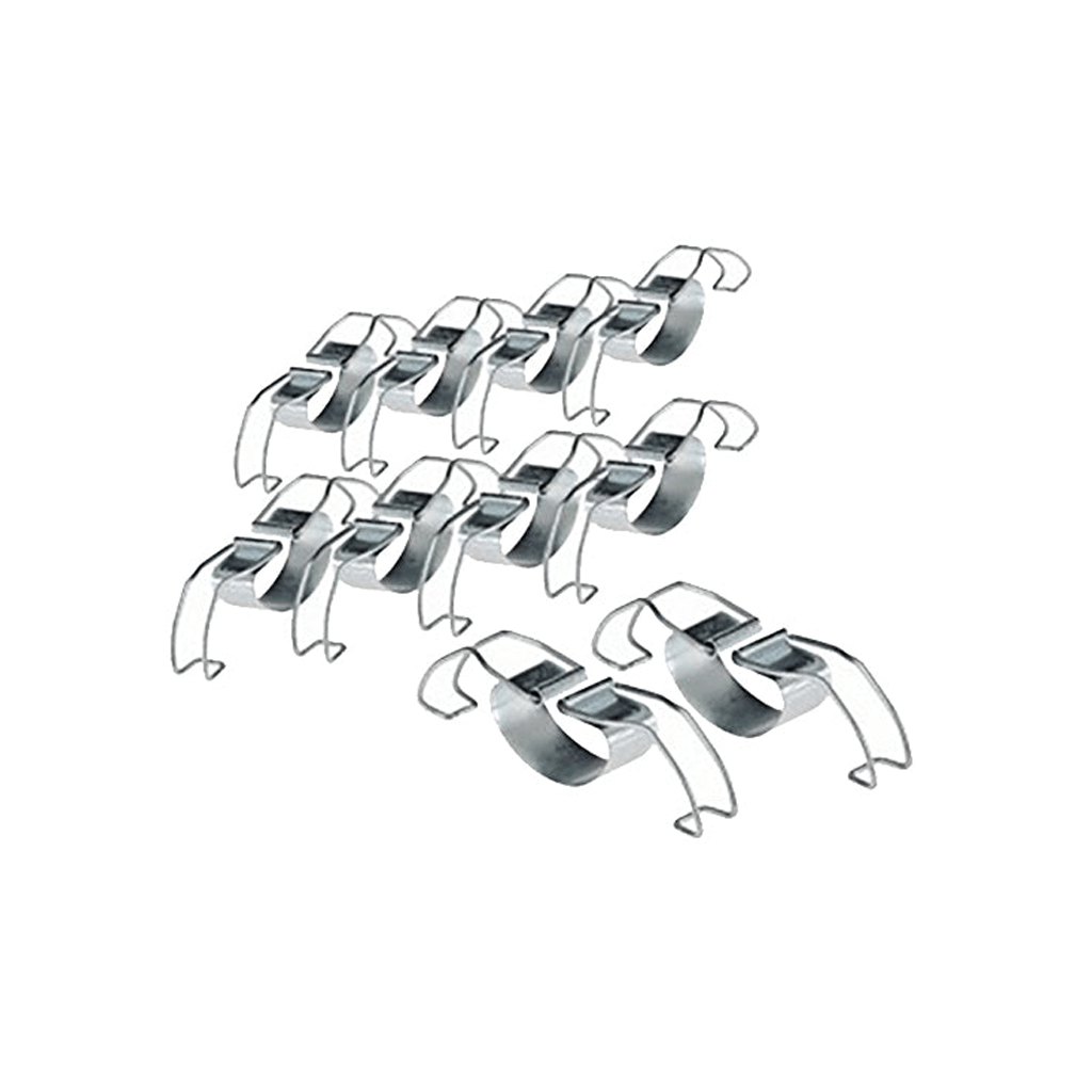 Pack of ten metal clips on white background
