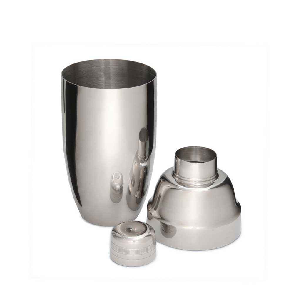 MIrror finish of Usagi Cobbler cocktail shaker with pieces taken apart on white background