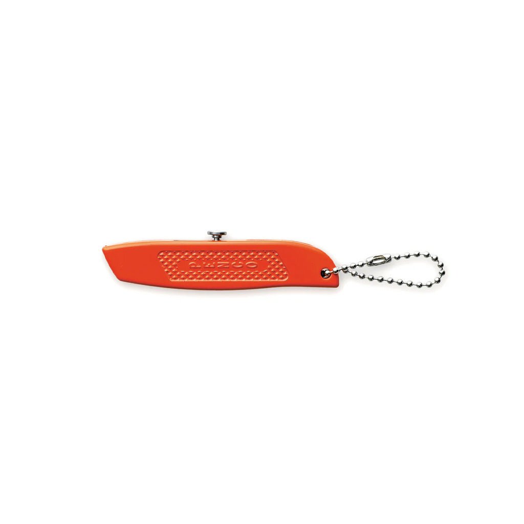 Orange steel mini utility knife with silver hardware on white background