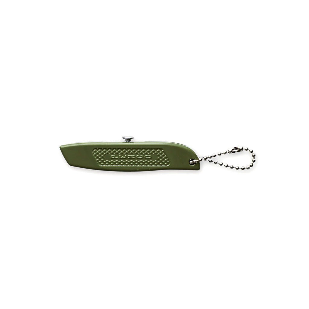 Green steel mini utility knife with silver hardware on white background