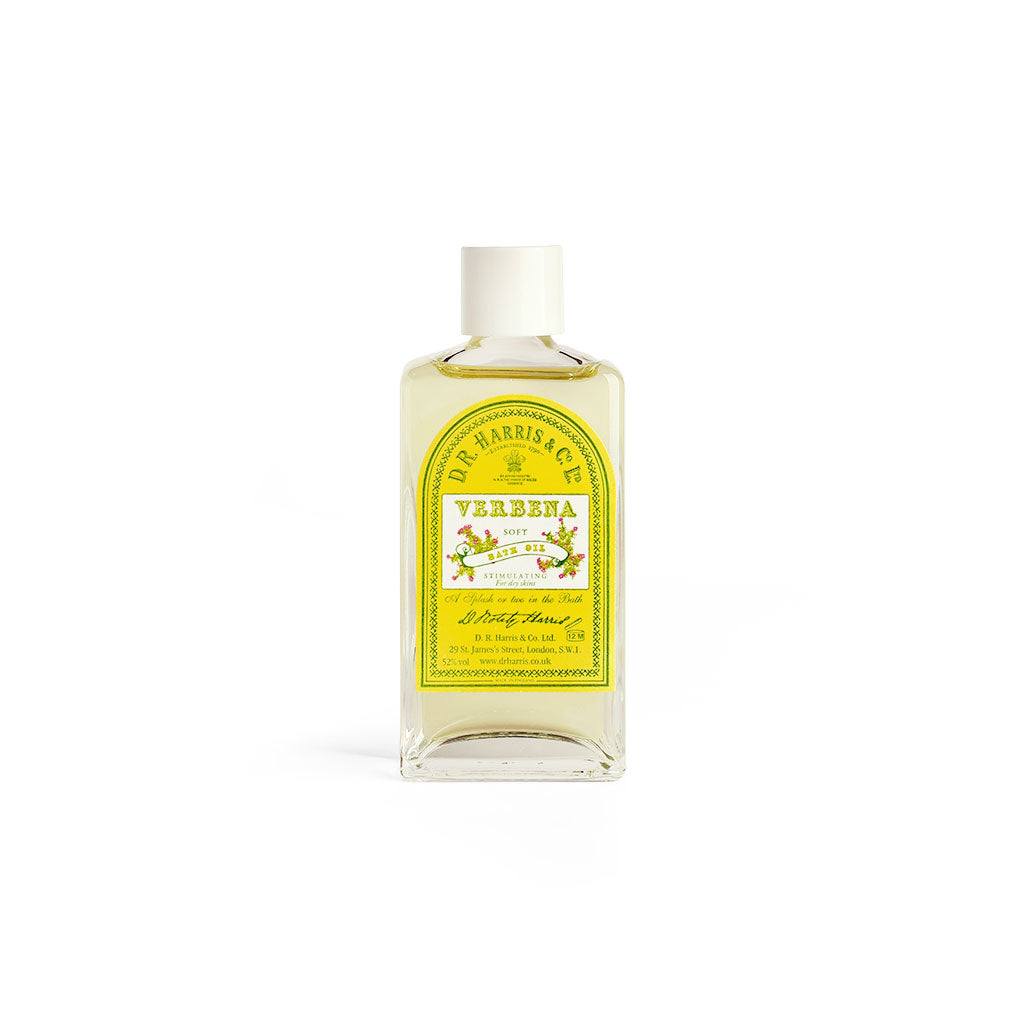 Bottle of D.R. Harris & Co. Verbena bath oil on a white background