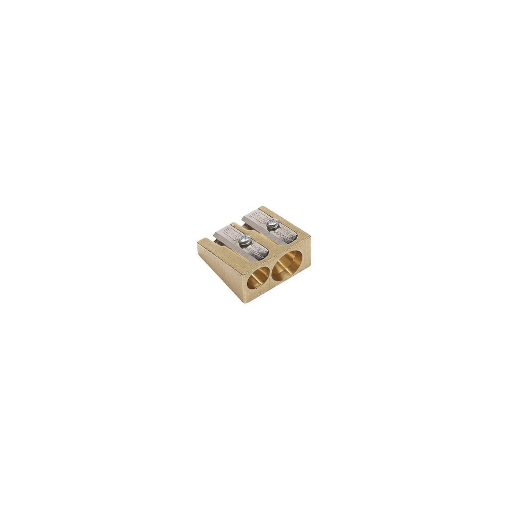 Brass pencil sharpener with two widths on white background