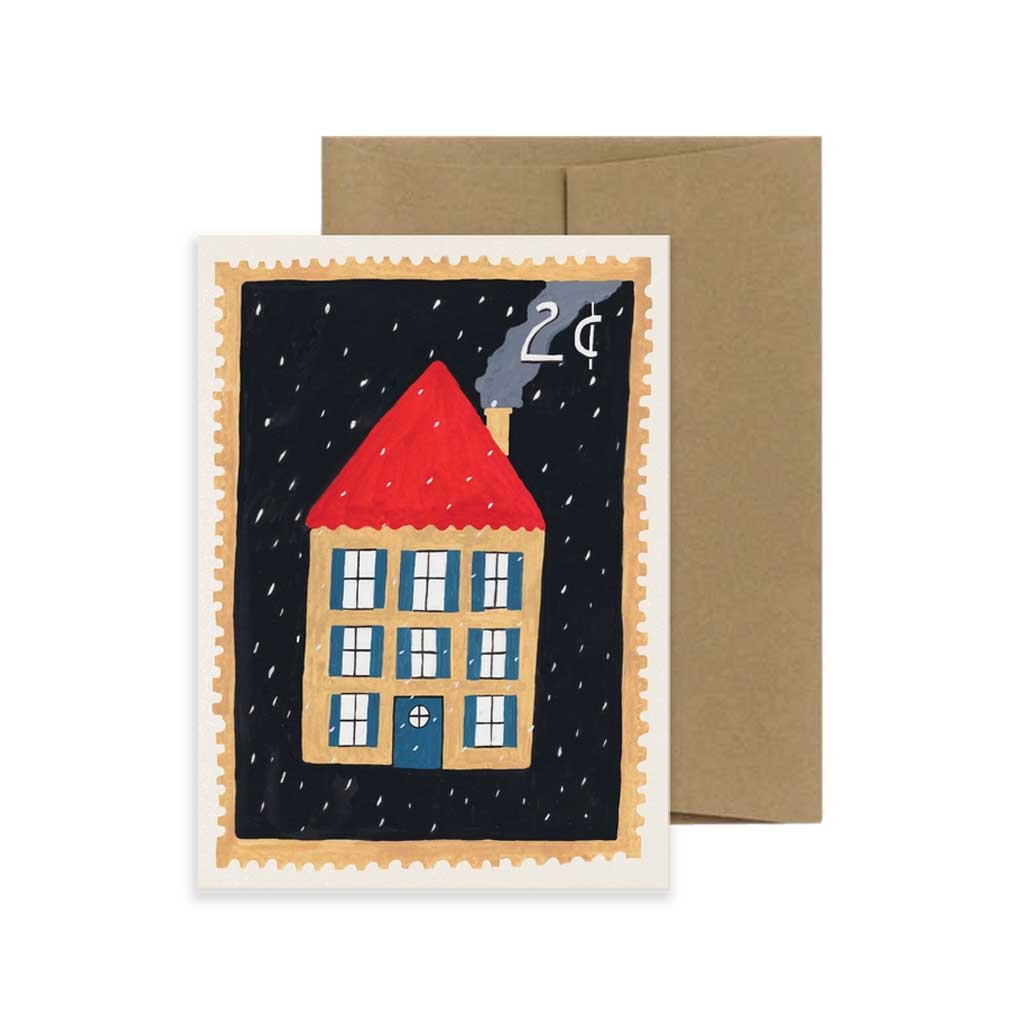 Greeting card with a house illustration on a postage stamp design with the text two cents