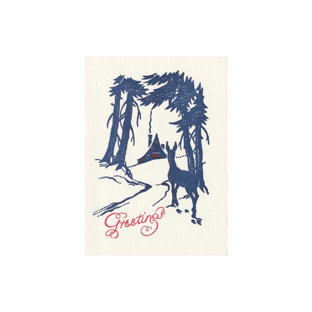 Holiday card with deer, woodland scene and text that reads greetings