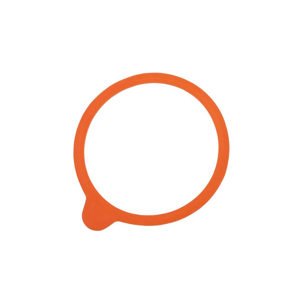 Large orange rubber replacement gasket ring for Weck glass jar on white background