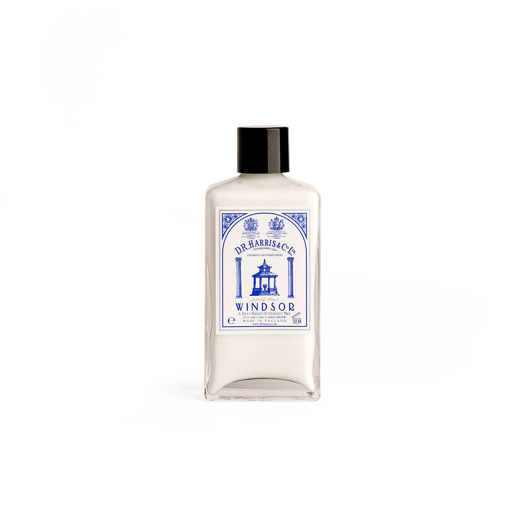 D.R. Harris Windsor aftershave milk in a glass bottle with a black top