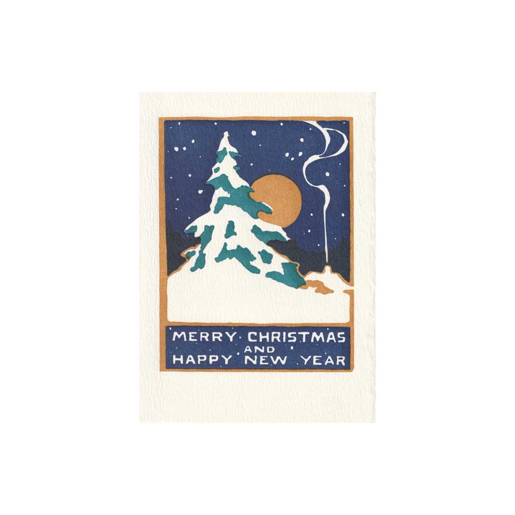 Christmas card with snowy tree design and 'Merry Christmas and Happy New Year' text.