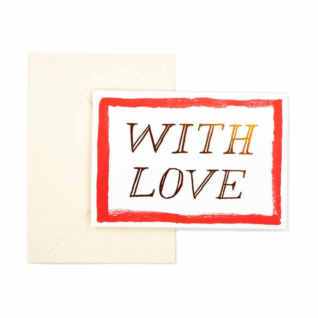 Card with 'WITH LOVE' foiled text and red border on white background