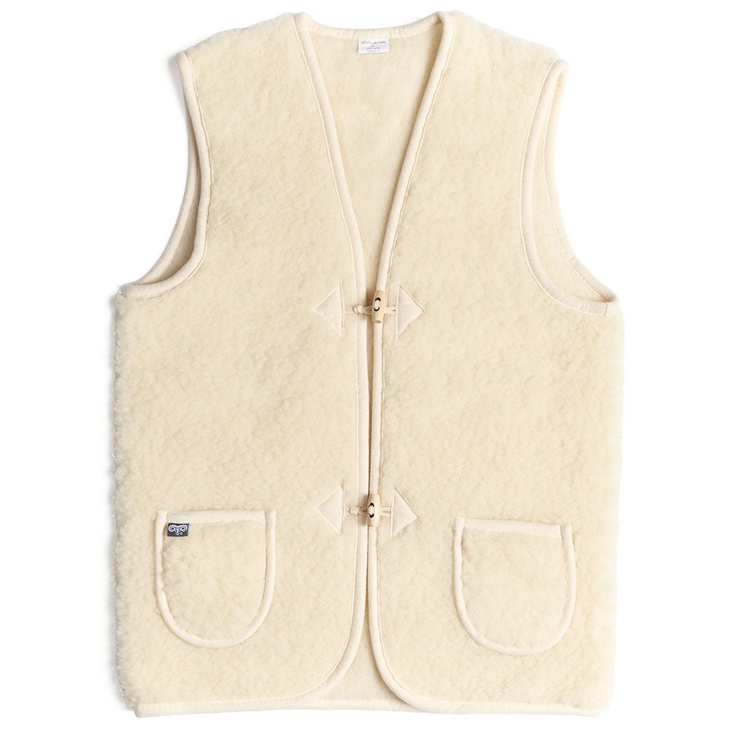 Woolen fleece vest with toggle closures and front patch pockets on a white background.