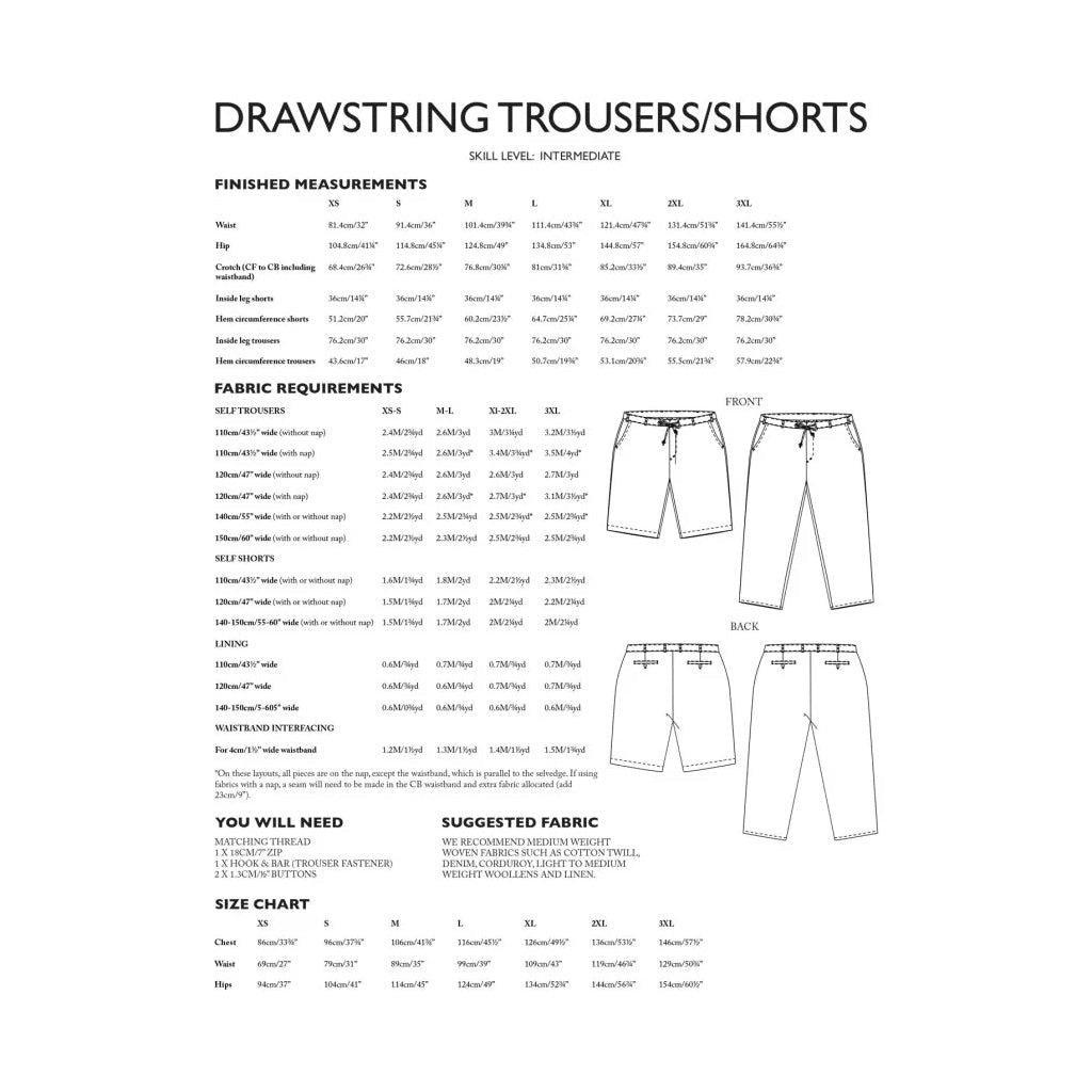 Drawstring trousers/shorts measurement chart with fabric requirements and size chart on a white background.