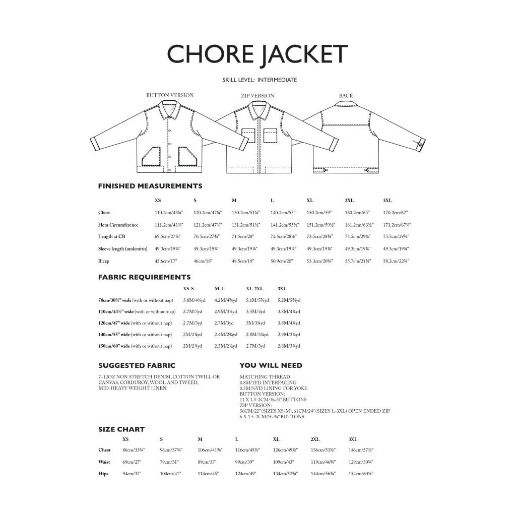 Chore jacket design and measurement chart on a white background
