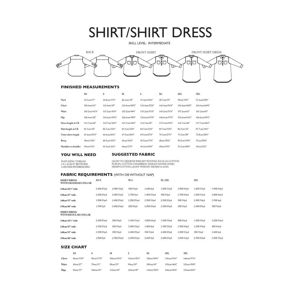 Measurement chart for shirt and shirt dress with fabric requirements and size chart on a white background