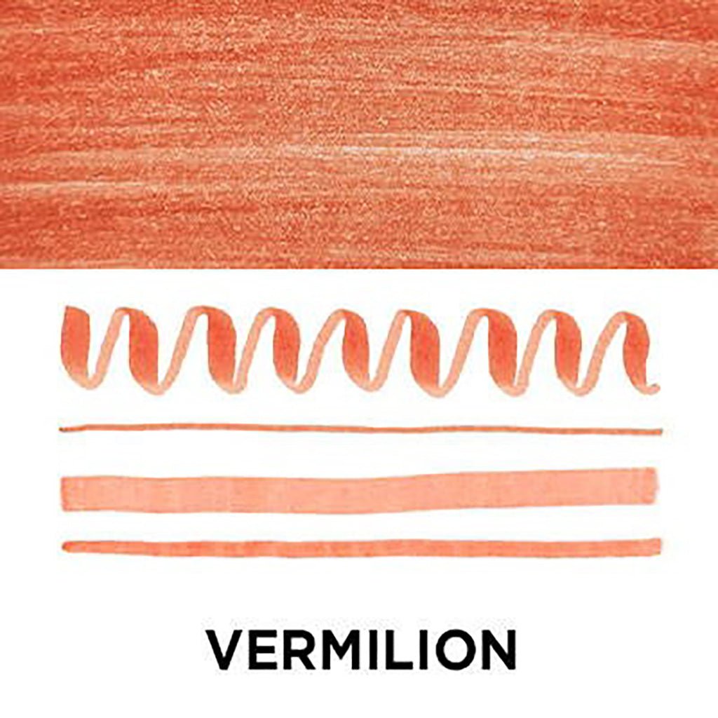 Vermilion color swatch with wavy line and straight lines on a white background