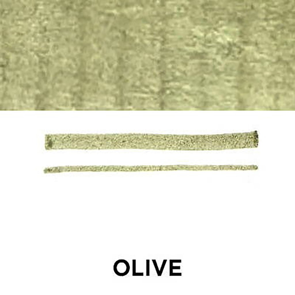 Olive green swatch with a bar and 'OLIVE' label on a white background