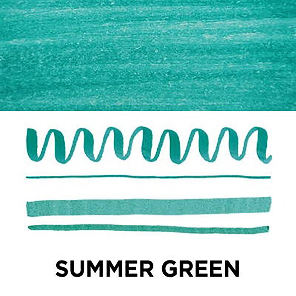 Teal color swatch with decorative elements and 'Summer Green' text on a white background