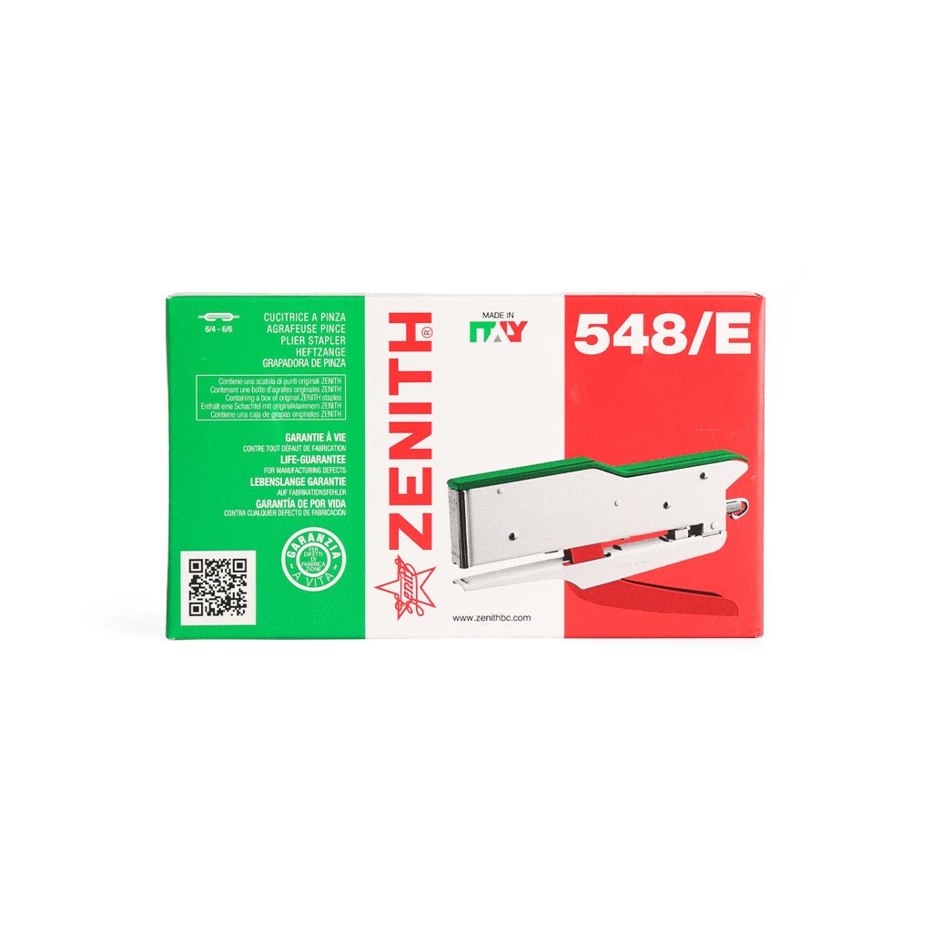 Zenith 548/E stapler packaging with green, white, and red colors on a white background