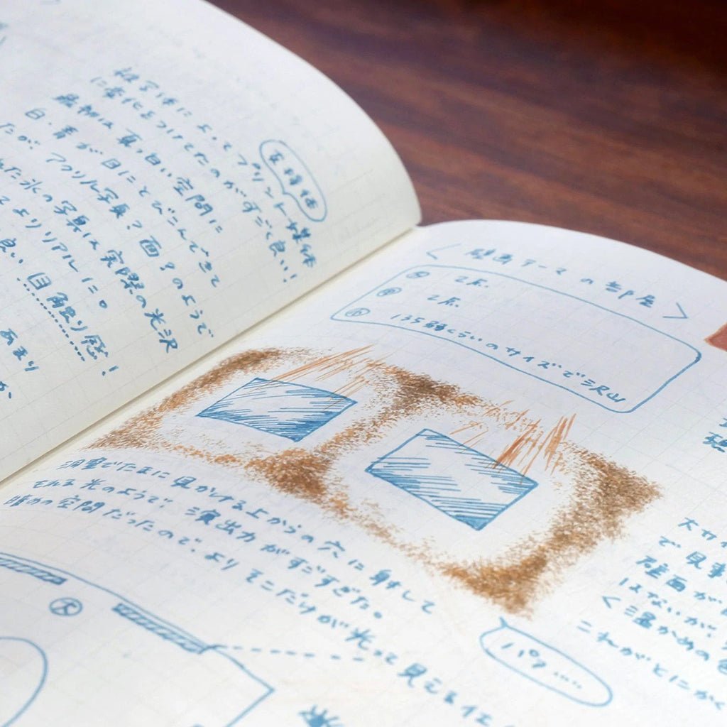 Open notebook with handwritten notes and diagrams on a wooden surface