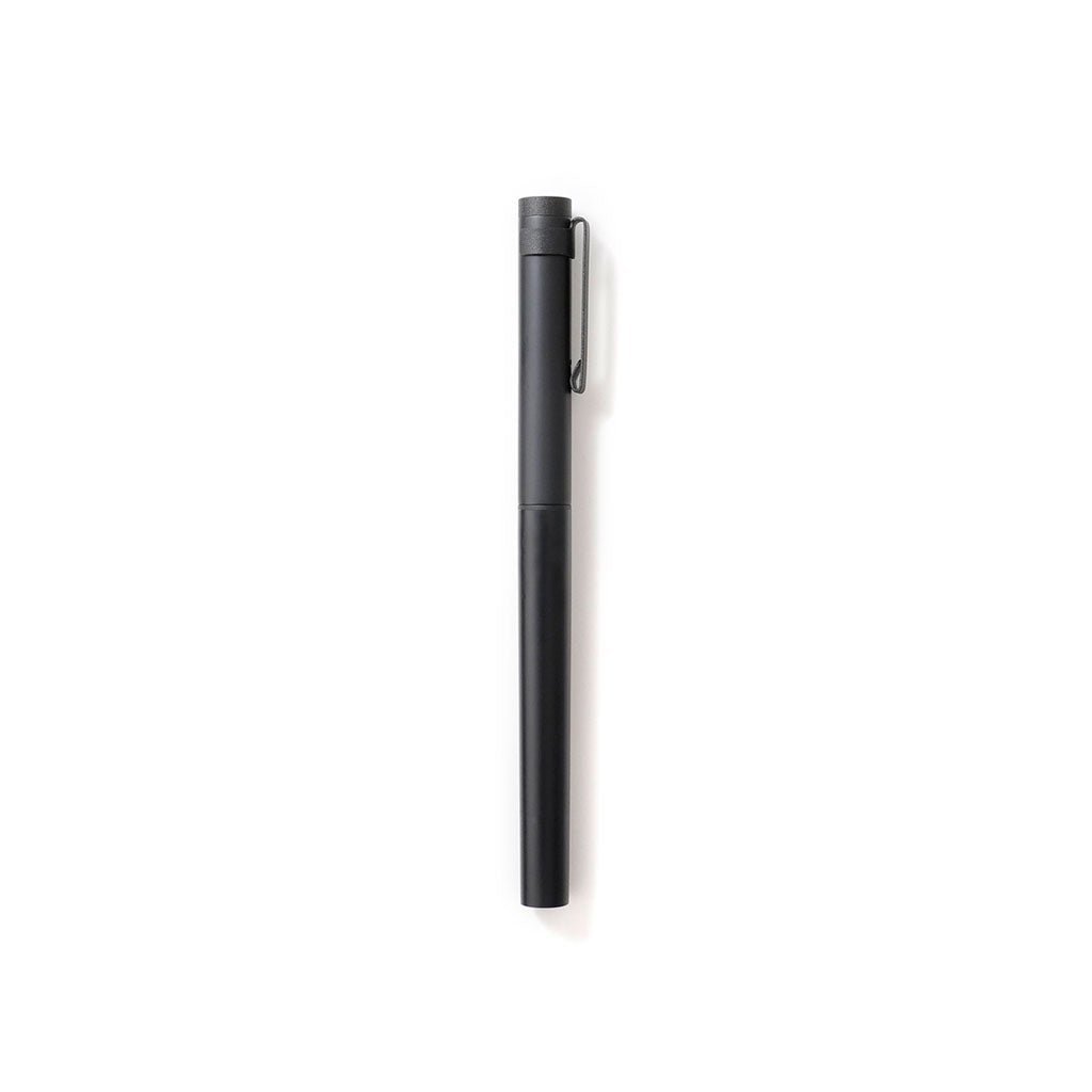 Closed black rollerball pen on white background