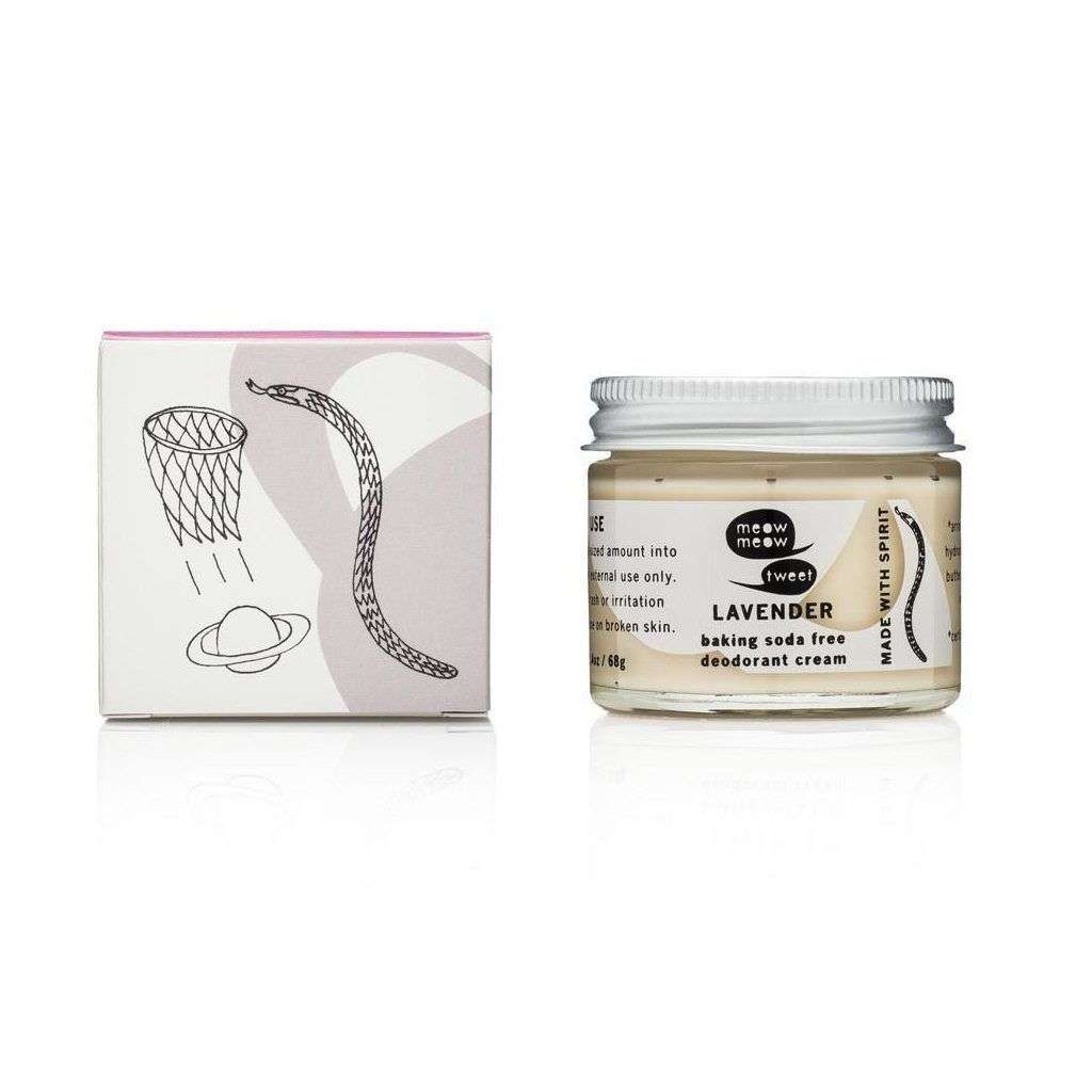 Jar of lavender deodorant cream with packaging on a white background