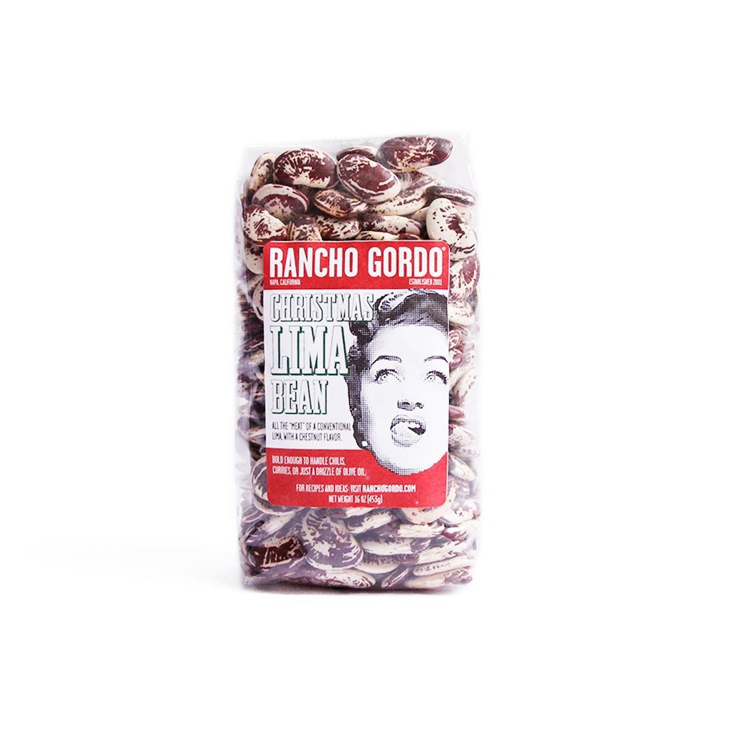 Bag of Rancho Gordo Christmas Lima Beans on a white background