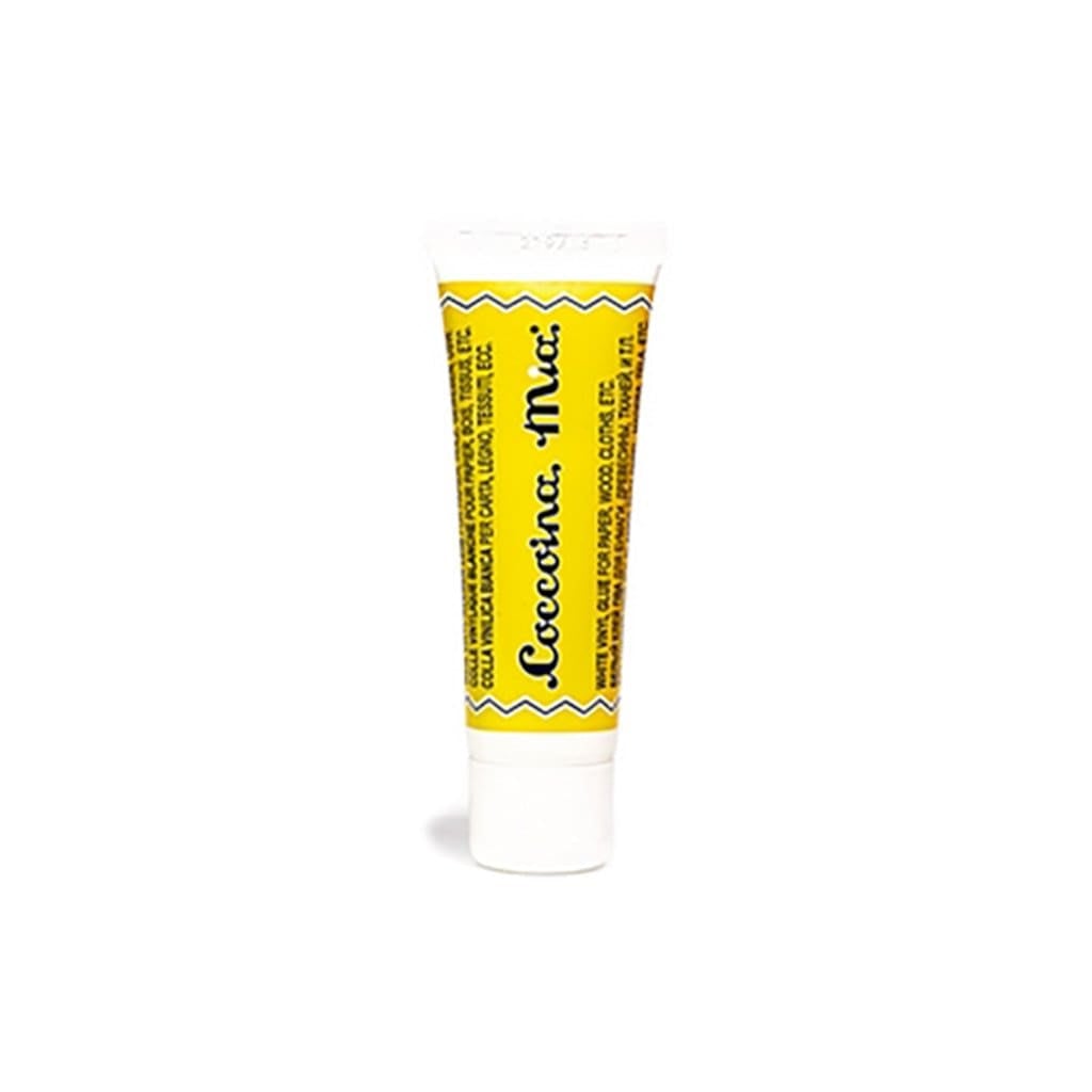 Yellow tube of Coccoina Mia White Vinyl Glue Adhesive on white background