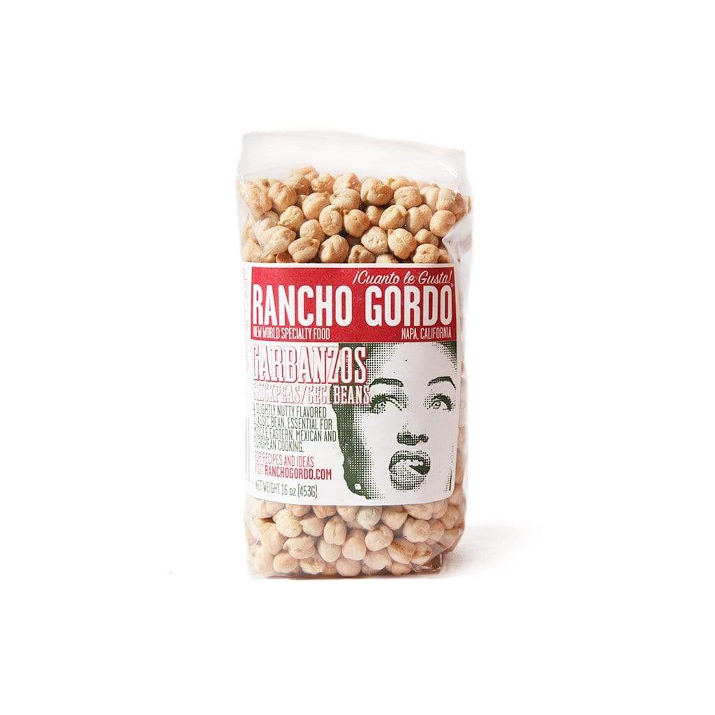 Rancho Gordo garbanzo beans packaging on a white background