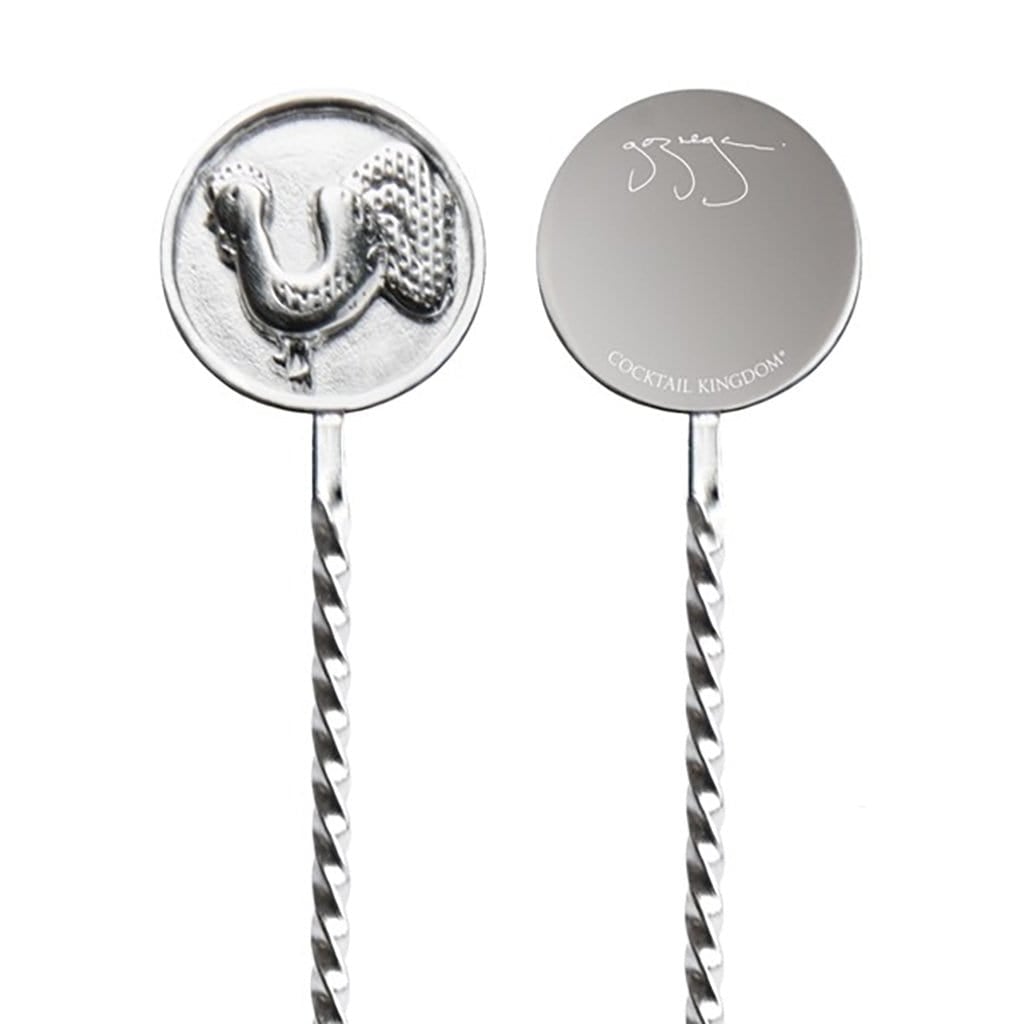 Front and back of end of cocktail stirrer with rooster logo