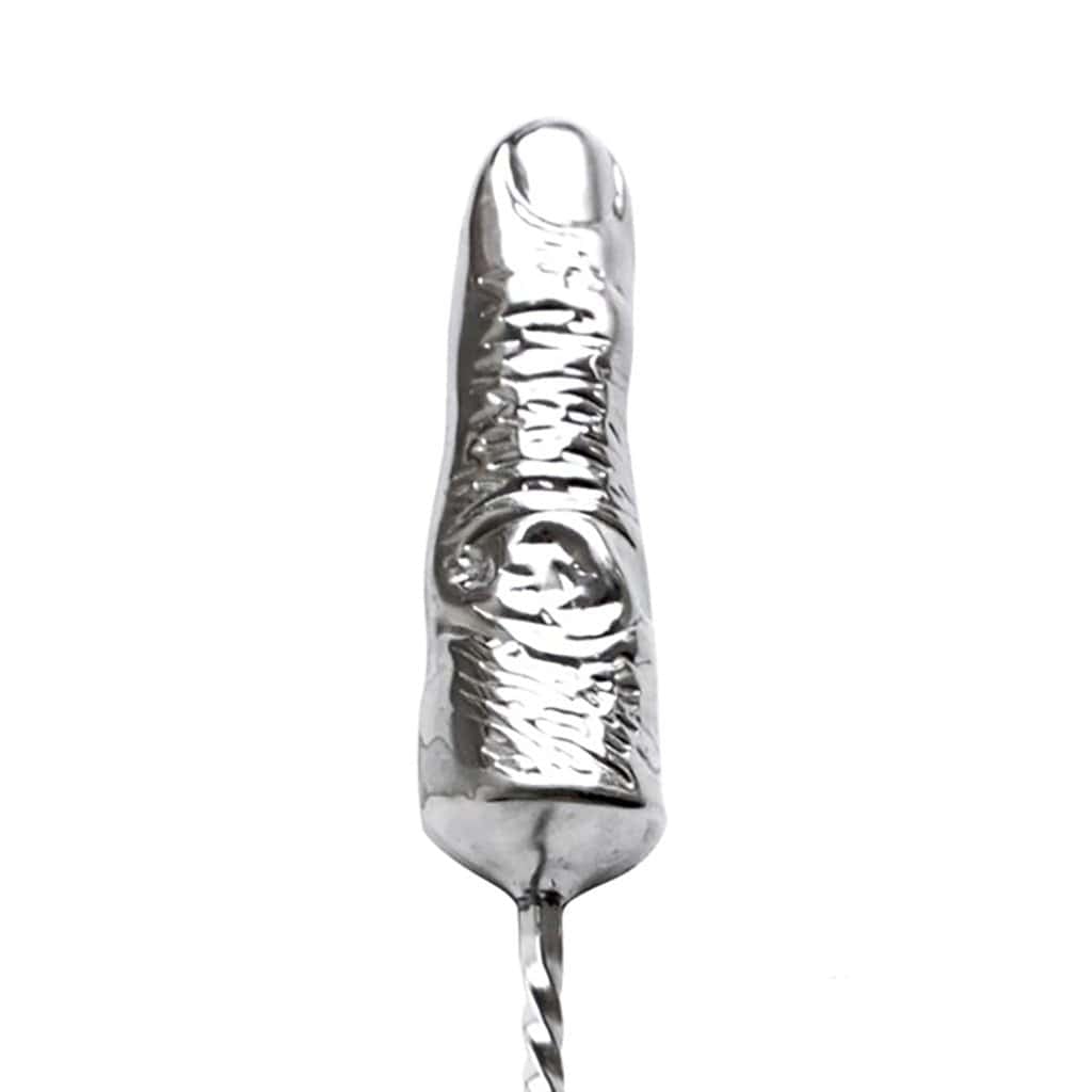 Close up of stainless steel negroni finger stirrer front on white background