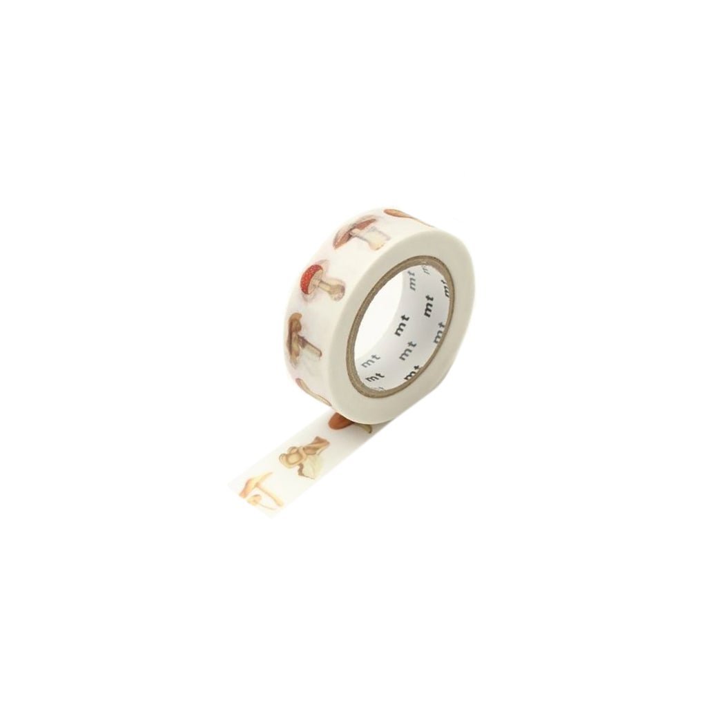 Roll of decorative washi tape with mushroom illustrations on white background