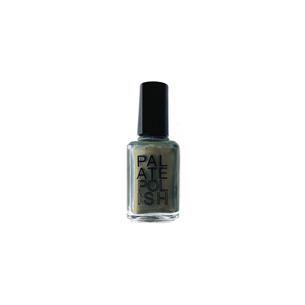 Bottle of iridescent green Pickle nail polish on white background