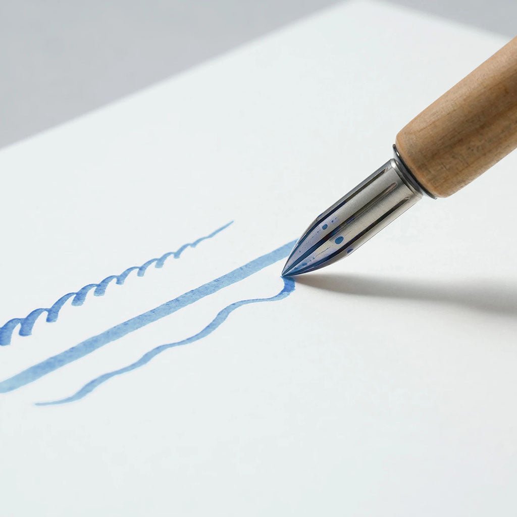 Calligraphy pen with blue ink on white paper