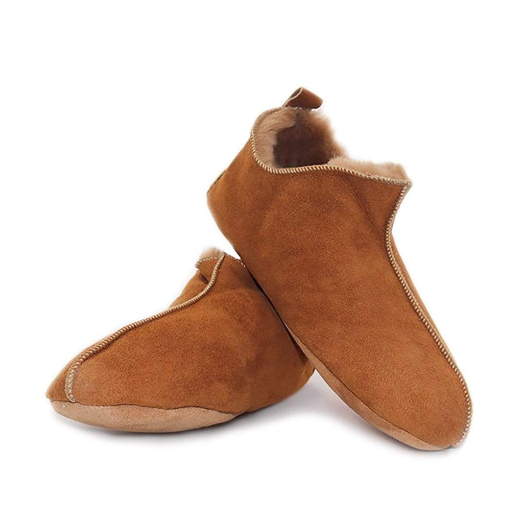A pair of brown sheepskin slippers on a white background.